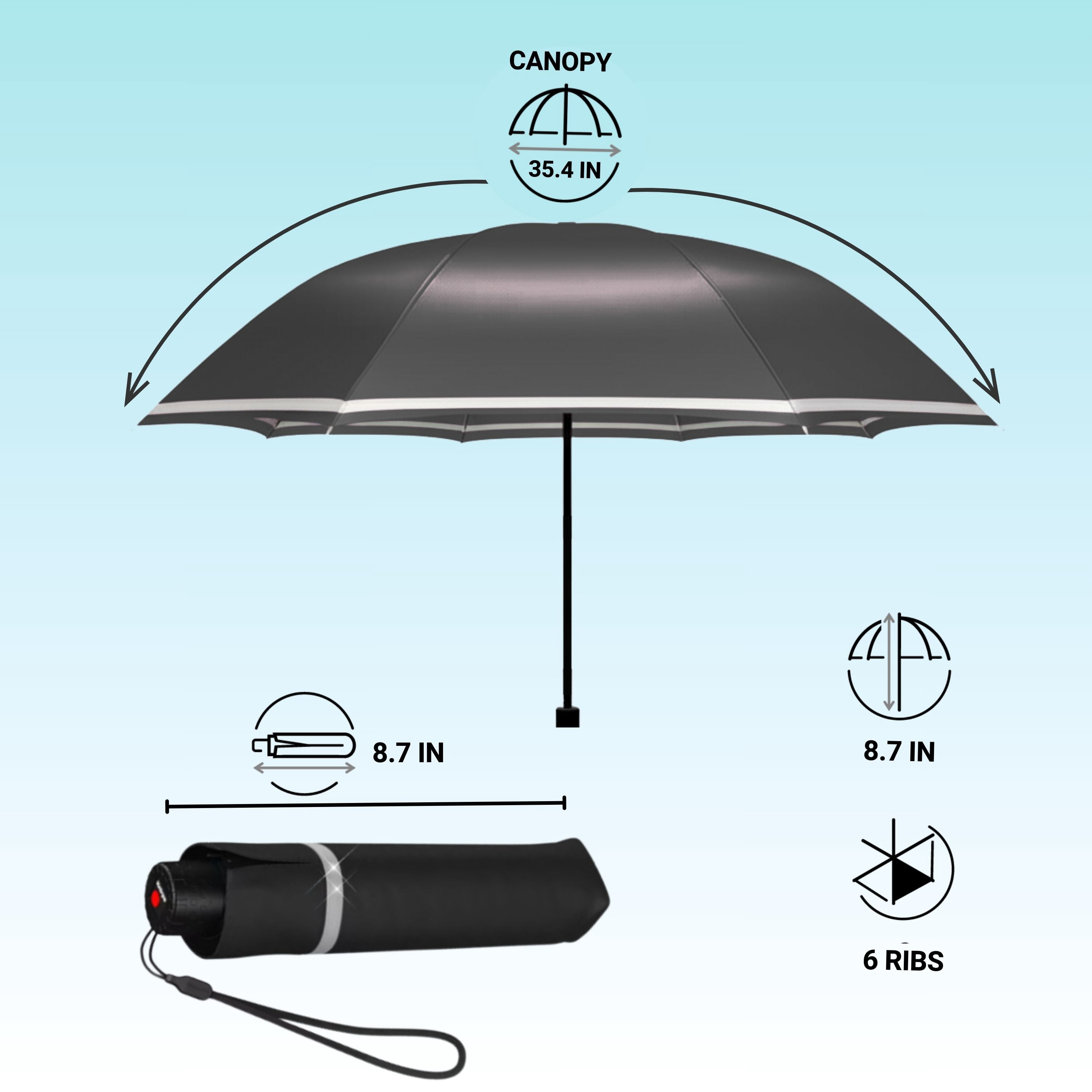 Knirps Black Rookie Manual Rain Umbrella for Elementary and Middle School Kids – 35.4" Canopy with Reflective Safety Stripe, Lightweight Design, Wind Tunnel Tested, Carrying Case Included
