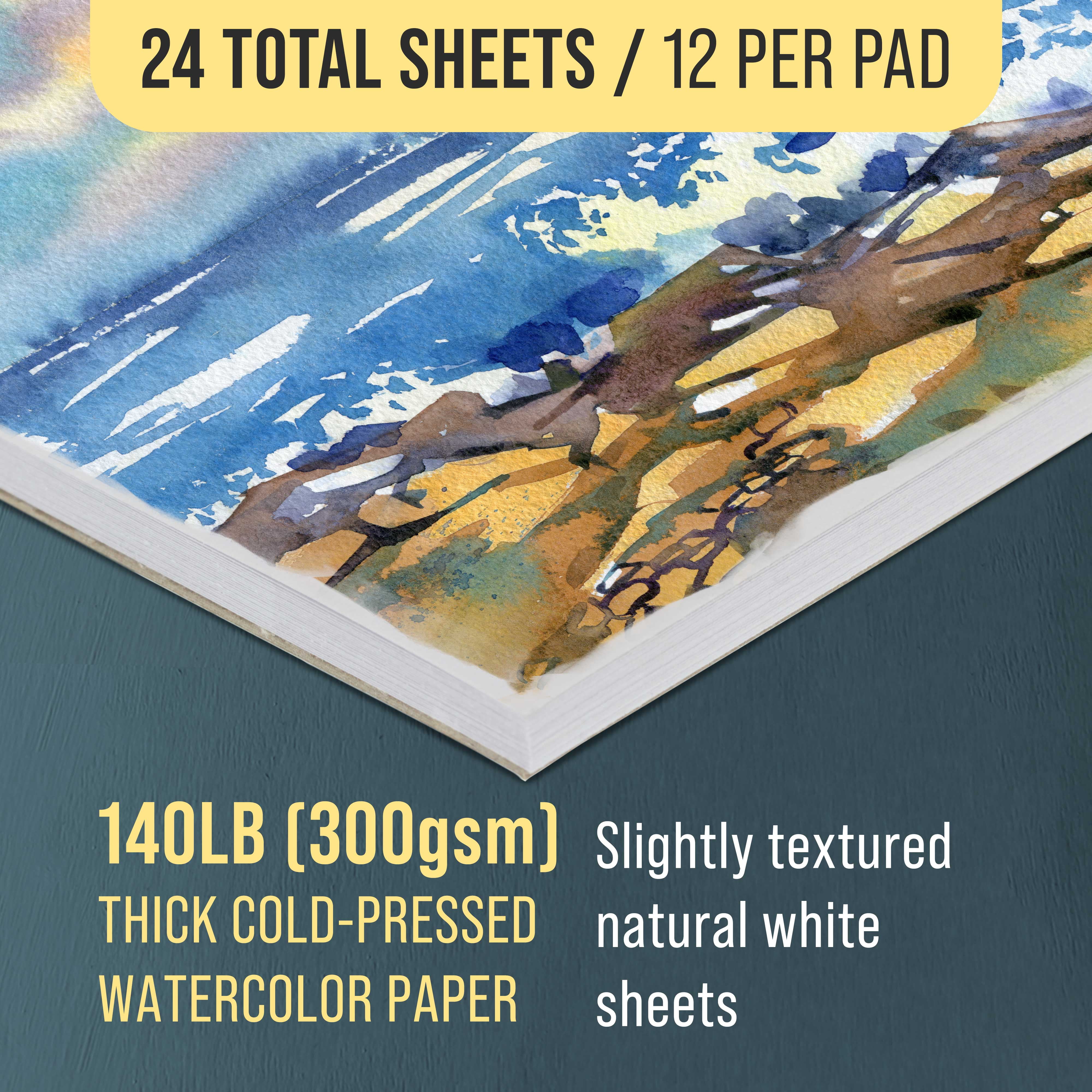 U.S. Art Supply 12" x 16" Premium Heavyweight Watercolor Painting Paper Pad, Pack of 2, 12 Sheets Each, 140 Pound (300gsm) - Cold Pressed, Acid-Free, Wet, Dry & Mixed Media - Artists, Students