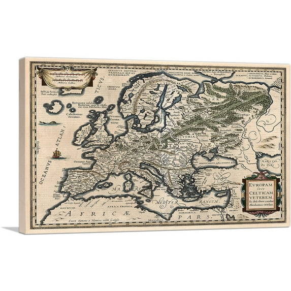 ARTCANVAS A Semi-Ptolemaic Map of Europe 1618 Canvas Art Print by Abraham Ortelius - Size: 40" x 26" (0.75" Deep)