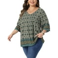 thumbnail image 4 of Agnes Orinda Women's Plus Size Bohe Tops Floral Print V Neck 3/4 Sleeve Dressy Top Casual Work Tunic Blouses 1X Green, 4 of 6