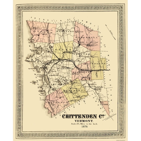 Historic County Map - Chittenden County Vermont - Beers 1878 - 23 x 28.25 - Vintage Wall Art