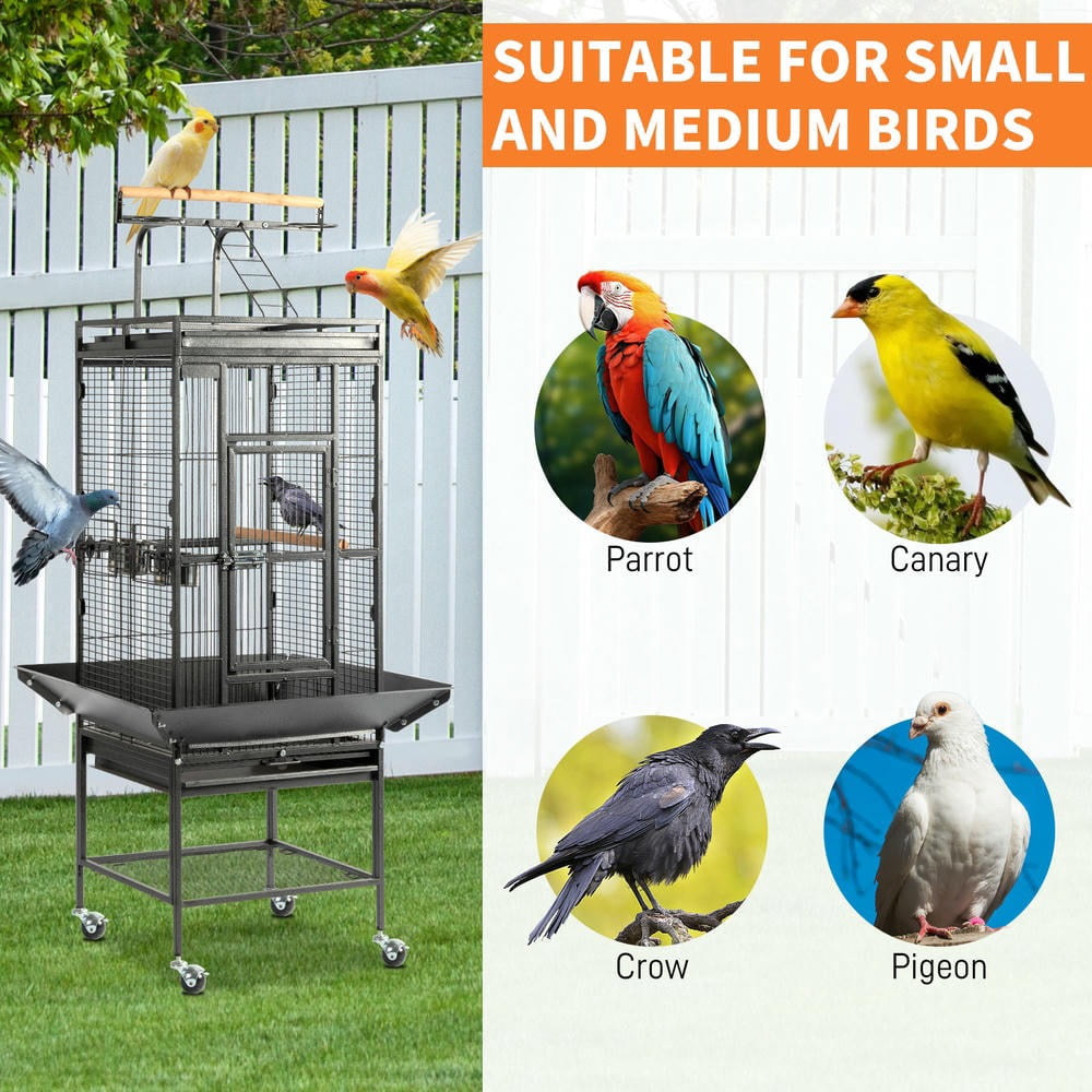 GVN Bird Cage, Small Bird Habitat,65-Inch Wrought Iron Large Rolling Bird Cage with Play Top And Stand for Parrots Lovebird Cockatiel Parakeets, Black