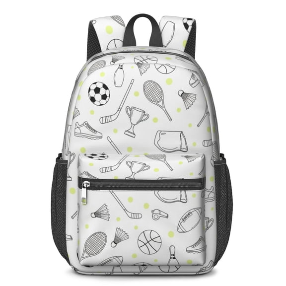 Football and Tennisball White Pattern 17" Waterproof Oxford School Backpacks for Teens, S-Shape Padded Straps, for School, Travel, Hiking, Camping