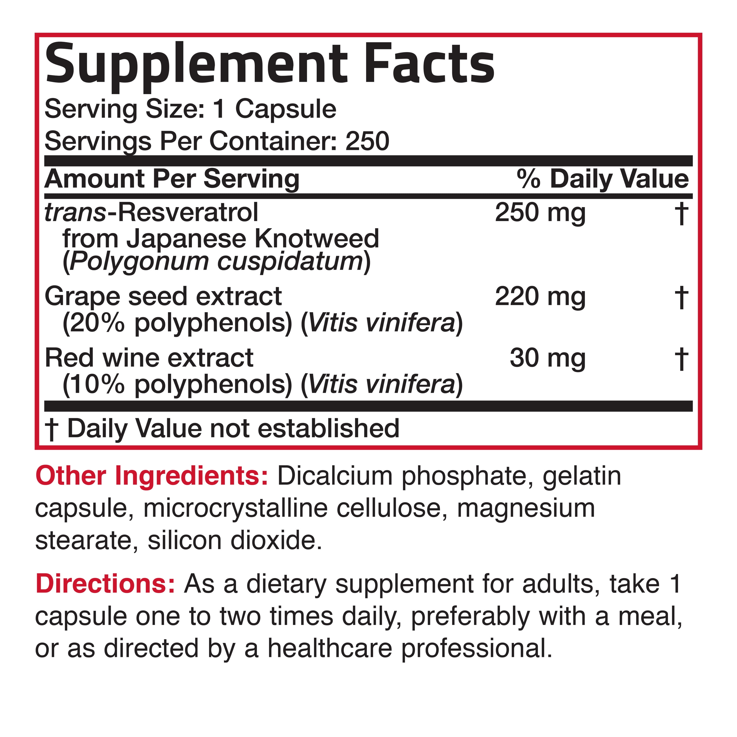 Bronson Resveratrol 500 Complex Red Wine Extract Natural Antioxidant Heart & Immune Health, 250 Capsules