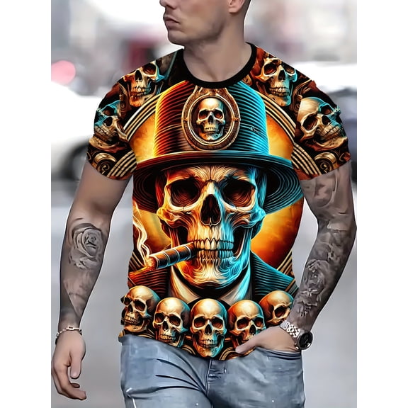 T-Shirt for Men- Gothic Horror Style with Eyes and Golden Skull Decoration, Suitable for Casual a Gothic Horror Print Short Sleeve Gothic Skull Print Tee Gothic Alternative Men's, PLUS SIZE