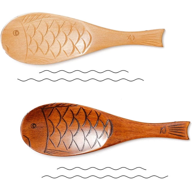 Paquete de 2 paletas de arroz de madera, cuchara para servir arroz, espátula de madera para arroz de cocina, cuchara de arroz fácil de limpiar, cuchara de madera en forma de pez