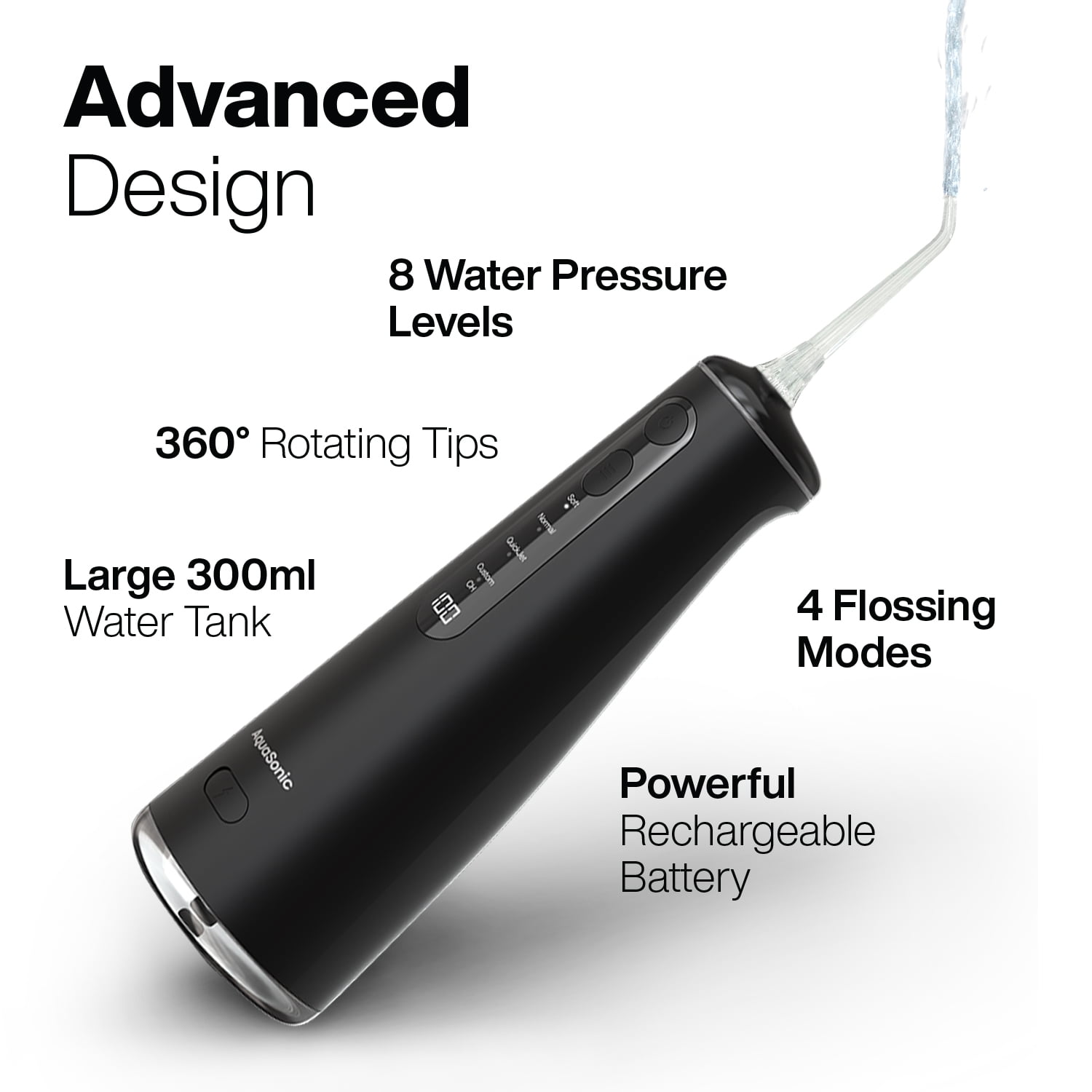 AquaSonic Elite Rechargeable Water Flosser - 300ml Tank, 4 Tips, Travel Bag, Waterproof (Black)
