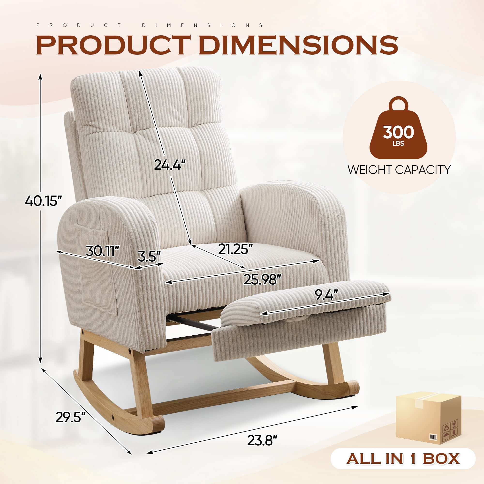 FFH Rocking Chair with Footrest, Rocking Chair for Nursery, Corduroy Armchair with High Backrest and Side Pockets, Accent Chair for Living Room, Bedroom, Beige