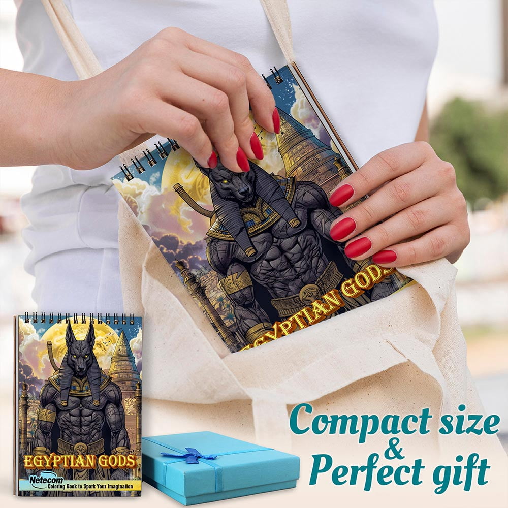 Netecom Egyptian Gods Coloring Book for Adults, A5 Wooden Cover, Spiral Bound, 30 Stunning Illustrations of Ancient Mythology for Stress Relief and Relaxation