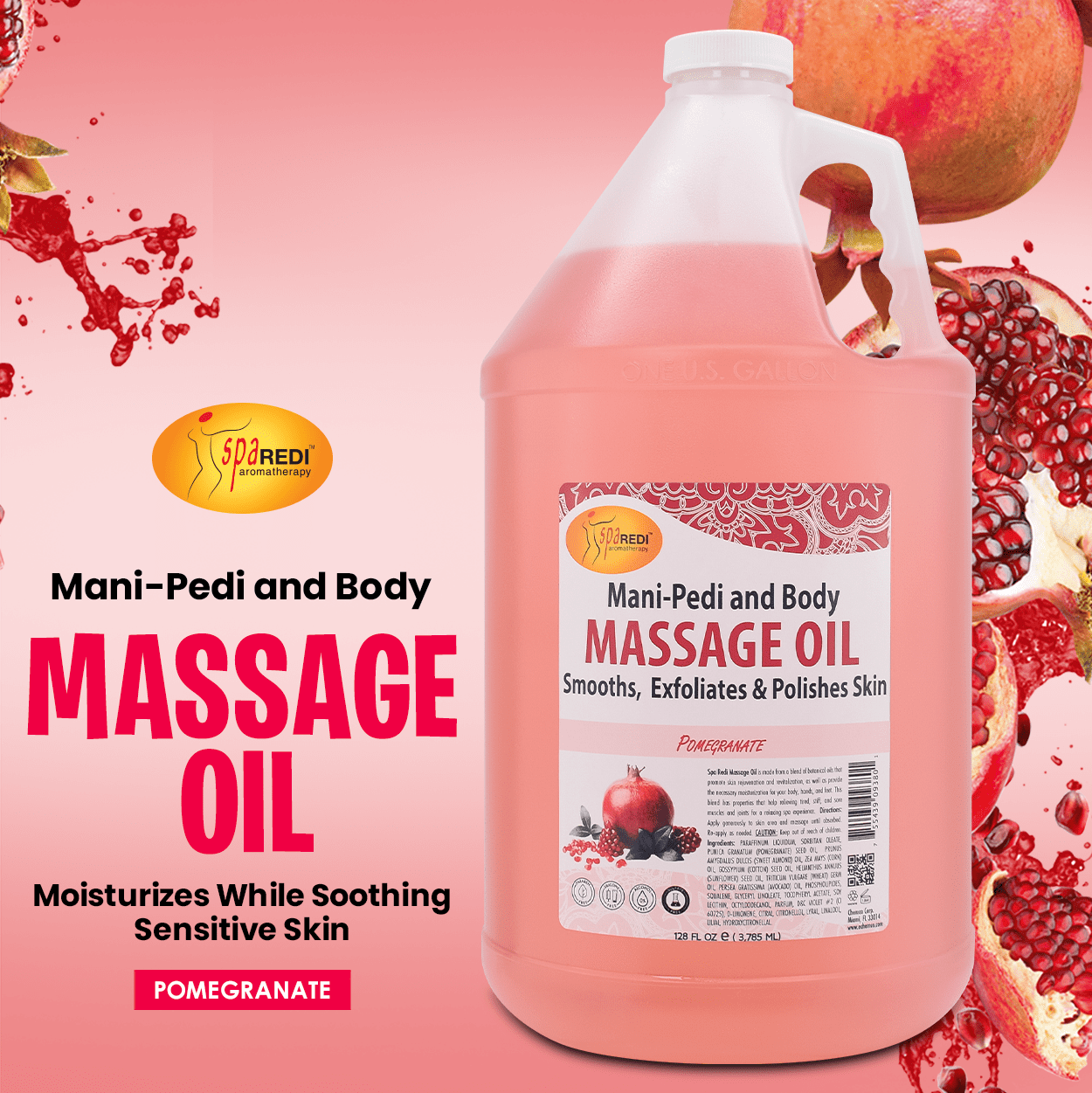 SPA REDI - Massage Oil, Pomegranate, 128 Oz - Professional Full Body Massage Therapy, Made with Almond Oil, Cotton Seed Oil, Sunflower Oil, Avocado Oil, Essential Oils and Vitamin E
