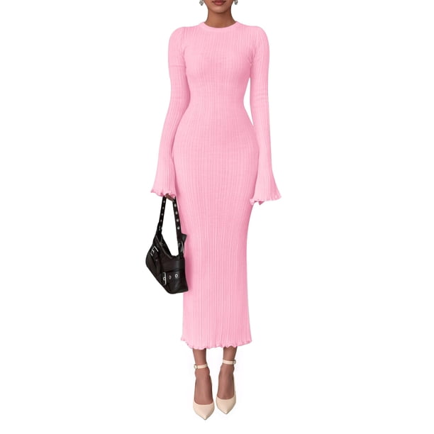 Vestido Suéter PRETTYGARDEN Otoño Invierno 2025 de Punto Acanalado Rosa