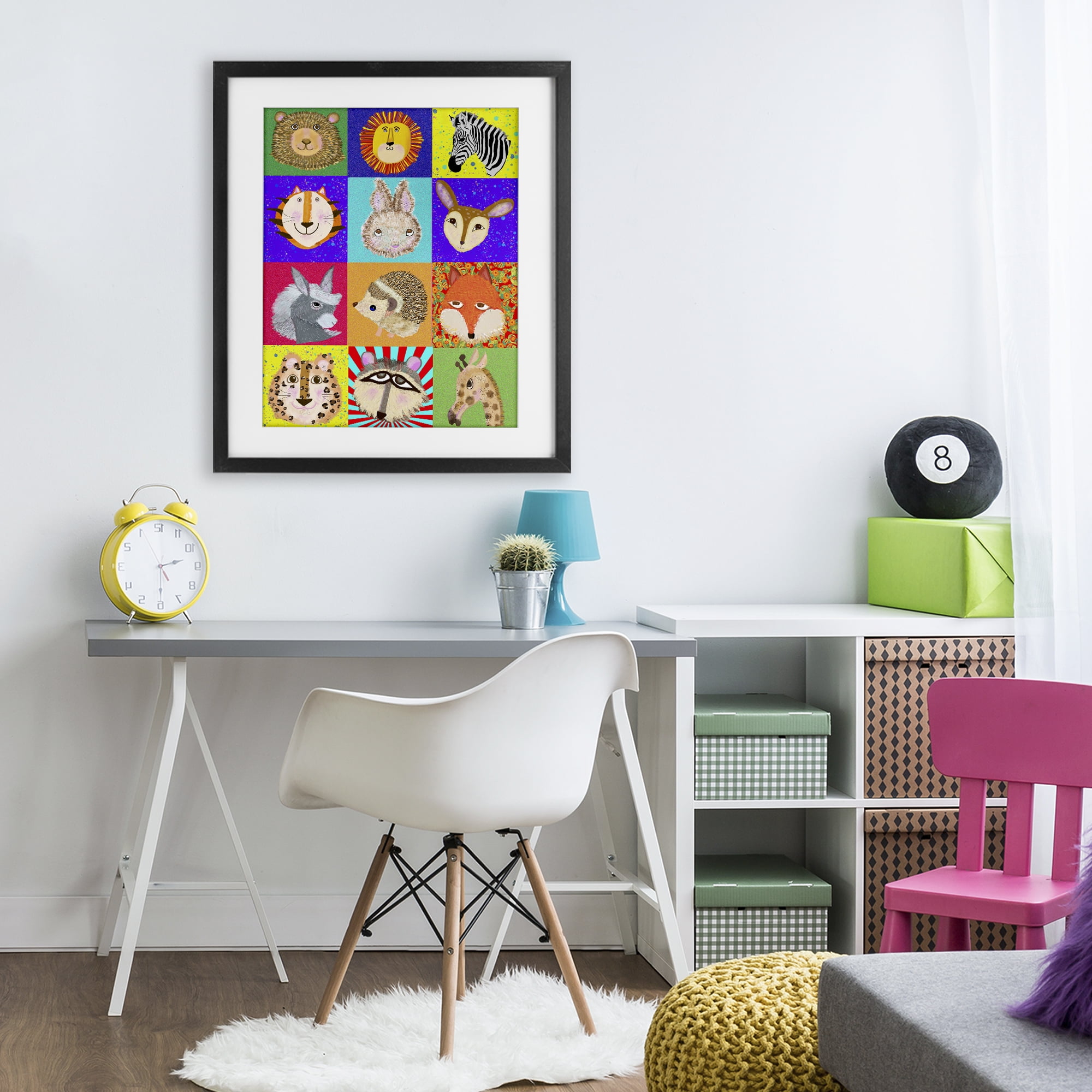 Furry Faces Animals Black Framed Print Under Glass, design by Lynnda Rakos