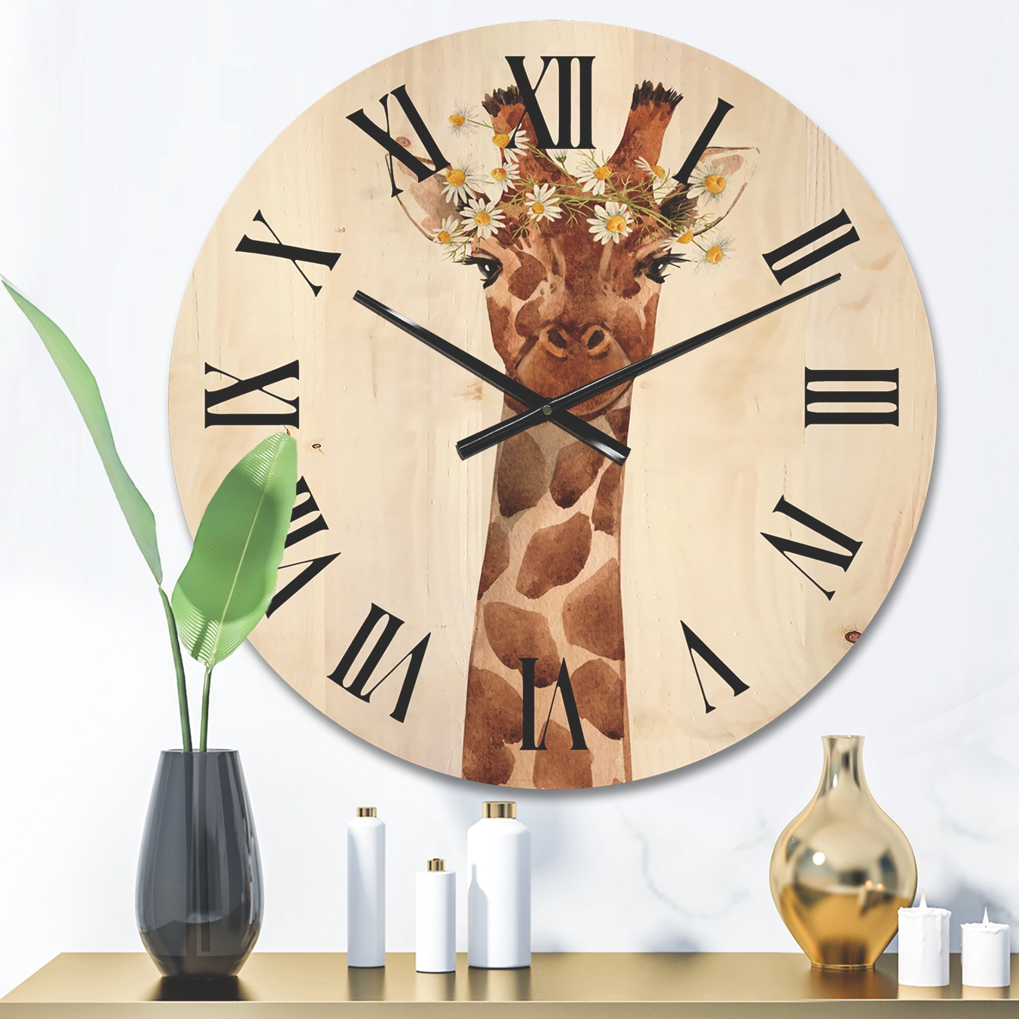 Designart 'Portrait of A Giraffe With White Flowers' Farmhouse Wood Wall Clock