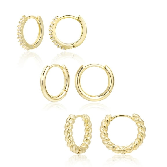 Alexcraft 14K Gold Plated Hoop Earrings Set, Hypoallergenic Huggie Hoops for Women, 3 Pairs