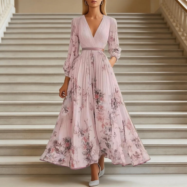 spring neck chiffon maxi dress Jane Wardrobe Women's Chiffon Maxi Dress, Floral Print V-Neck Long Sleeve  Pleated Formal Dress for Spring Summer Wedding & Party, 1PC, S-XXXL