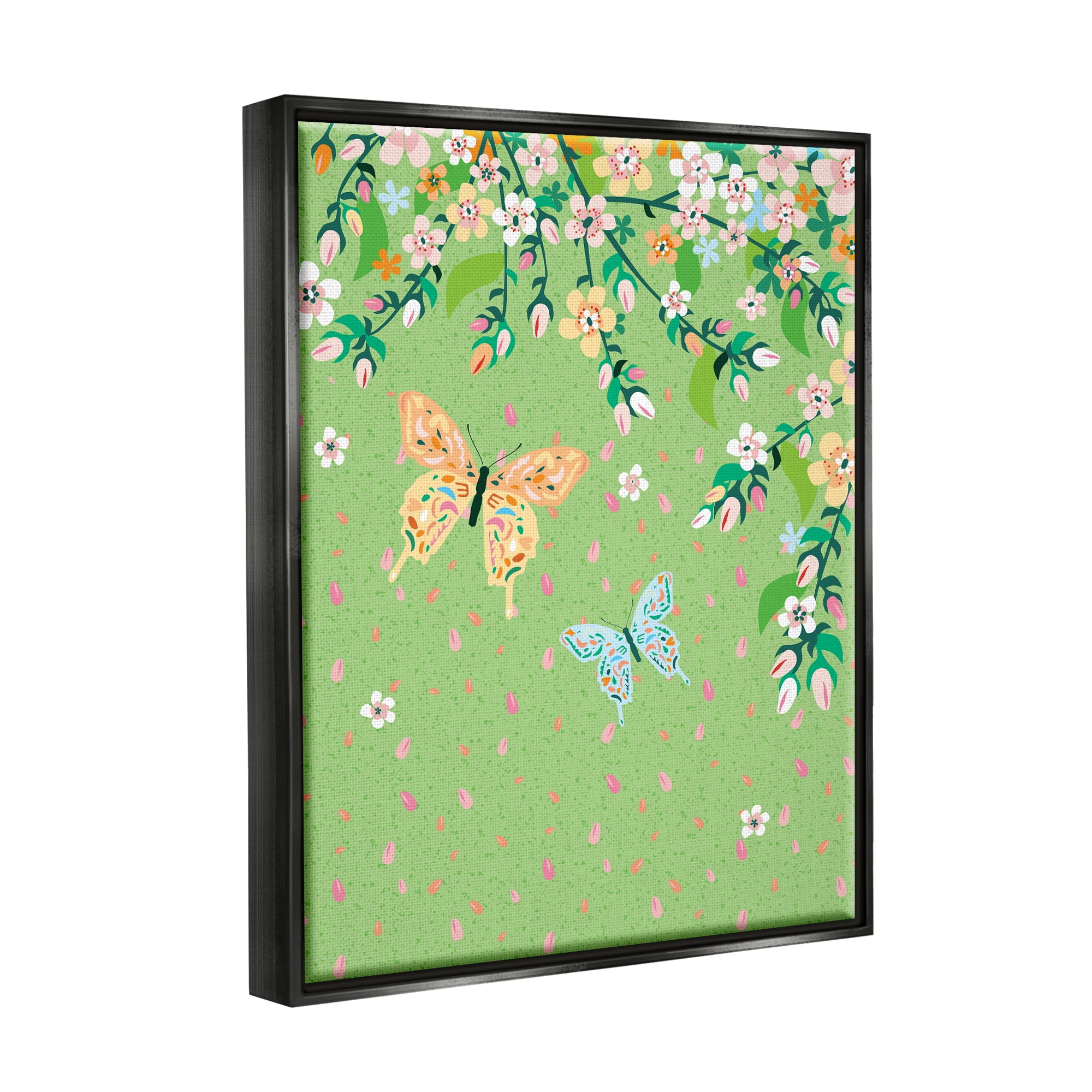 Stupell Industries Butterflies & Falling Petals Animals & Insects Painting Black Floater Framed Canvas Art Print Wall Art, 17 x 21