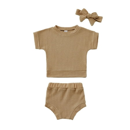 

Bullpiano 3Pcs Baby Short Sleeve Solid Tee Tops+Shorts+Headband Set Newborn Summer Clothes Suit Toddler Outfits 0-24 Months