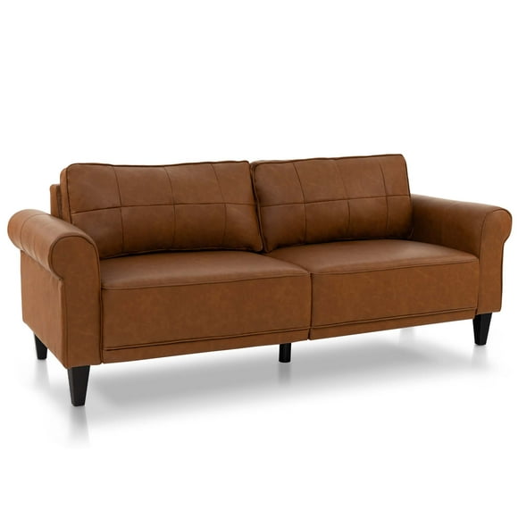 Costway Modern Sofa Couch PU Leather 81.5" 3-Seater with 2 Back Pillows & 5 Wooden Legs