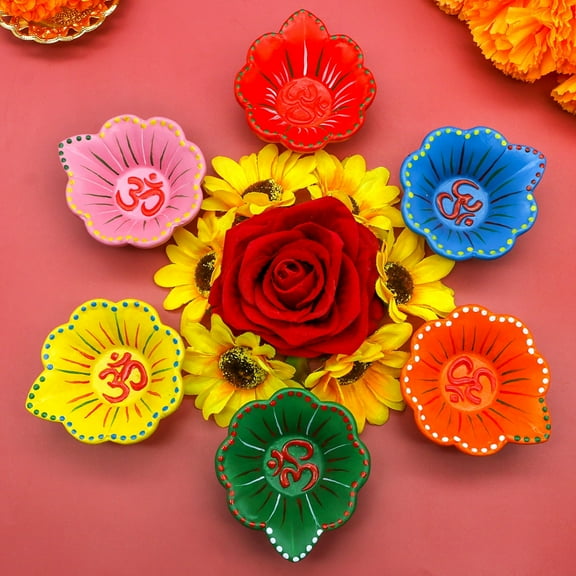 Hindu Colorful Diwali Diya Set - 6PCS Ceramic Diyas Pooja Item Diwali Gifts for Indian Festive Wedding Housewarming Vibrant Oil Lamp with OM for Home Temple Mandir Altar Puja Decor (with 6pcs Wicks)