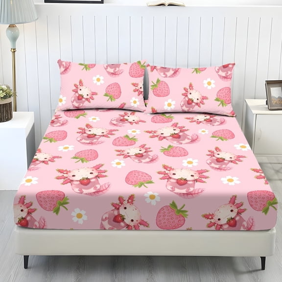 HELLHERO Strawberry Axolotl Print 3-Piece Fitted Sheet Set for Kids, 1 Fitted Sheet and 2 Pillowcases, No Flat Sheet Smooth Comfort Fitted Sheets for Bedroom Home Decor