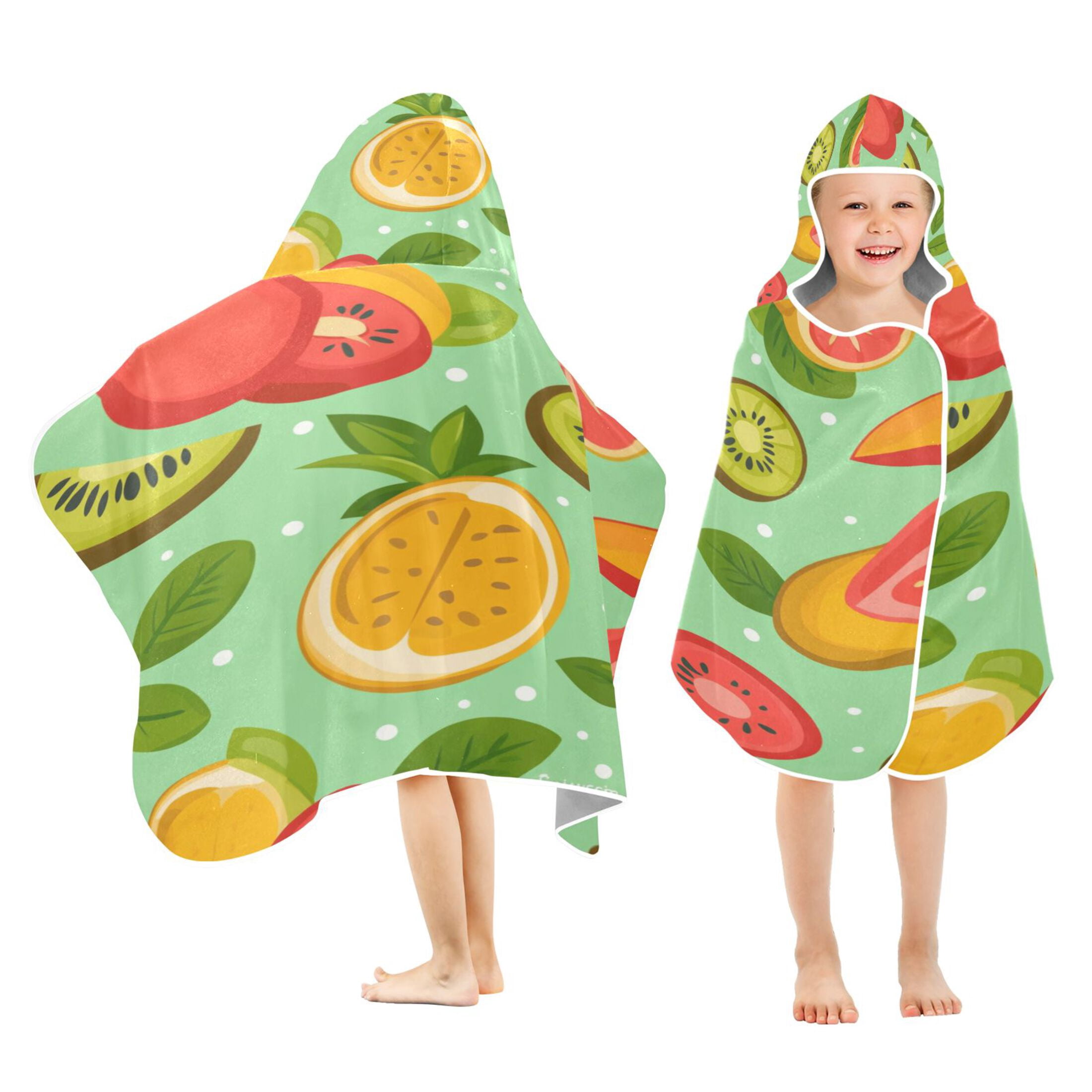 Fruity Pattern 50x23.5" Baby Hooded Bath Towel Poncho, Quick-Dry and Triangle Pocket, Kids' Essential