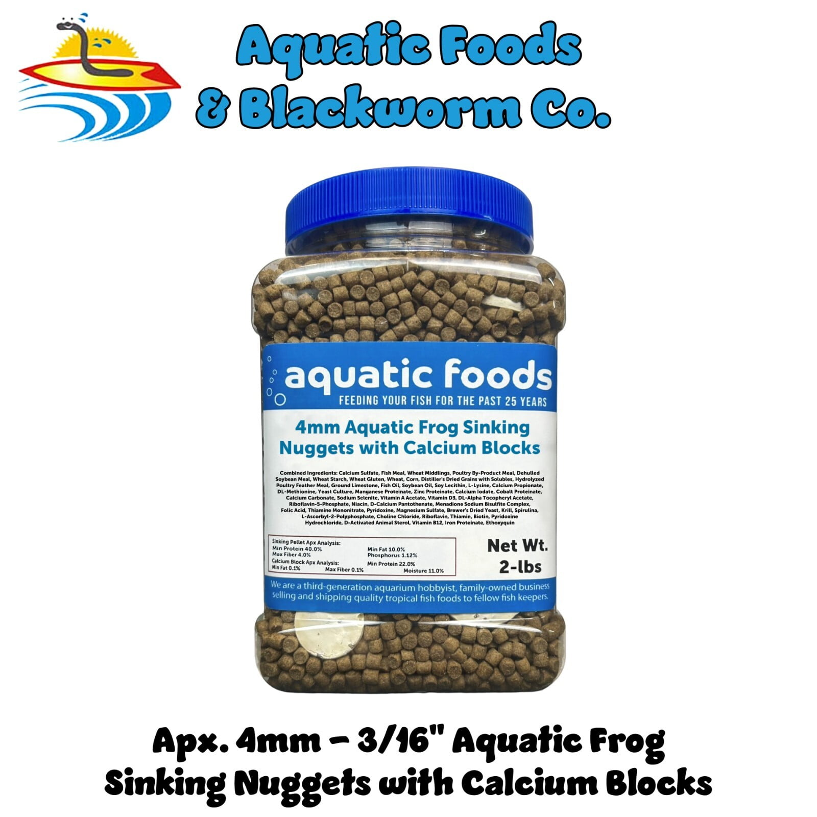 Aquatic Frog, 4mm-3/16" Sinking 40% Protein Nuggets With Calcium Feeders for Aquatic Frogs, Snails, Shrimp, All Tropical Fish 2-lbs Jar