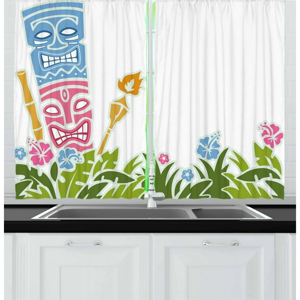 Tiki Bar Curtains 2 Panels Set, Statues Surrounded by Fresh Vibrant
