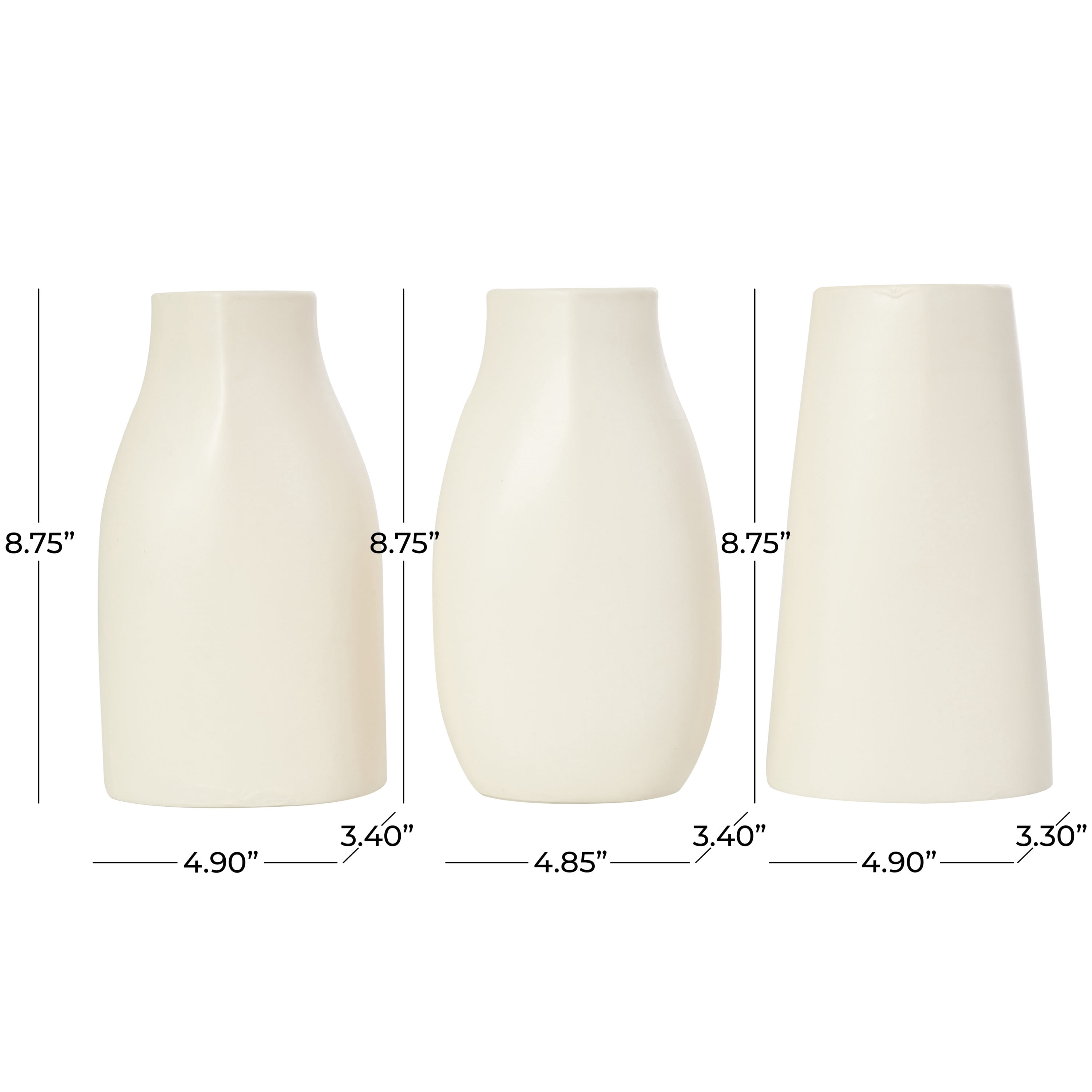 DecMode 5"W, 9"H Minimalistic Dimensional Cream Ceramic Vase with Varying Shapes, Set of 3