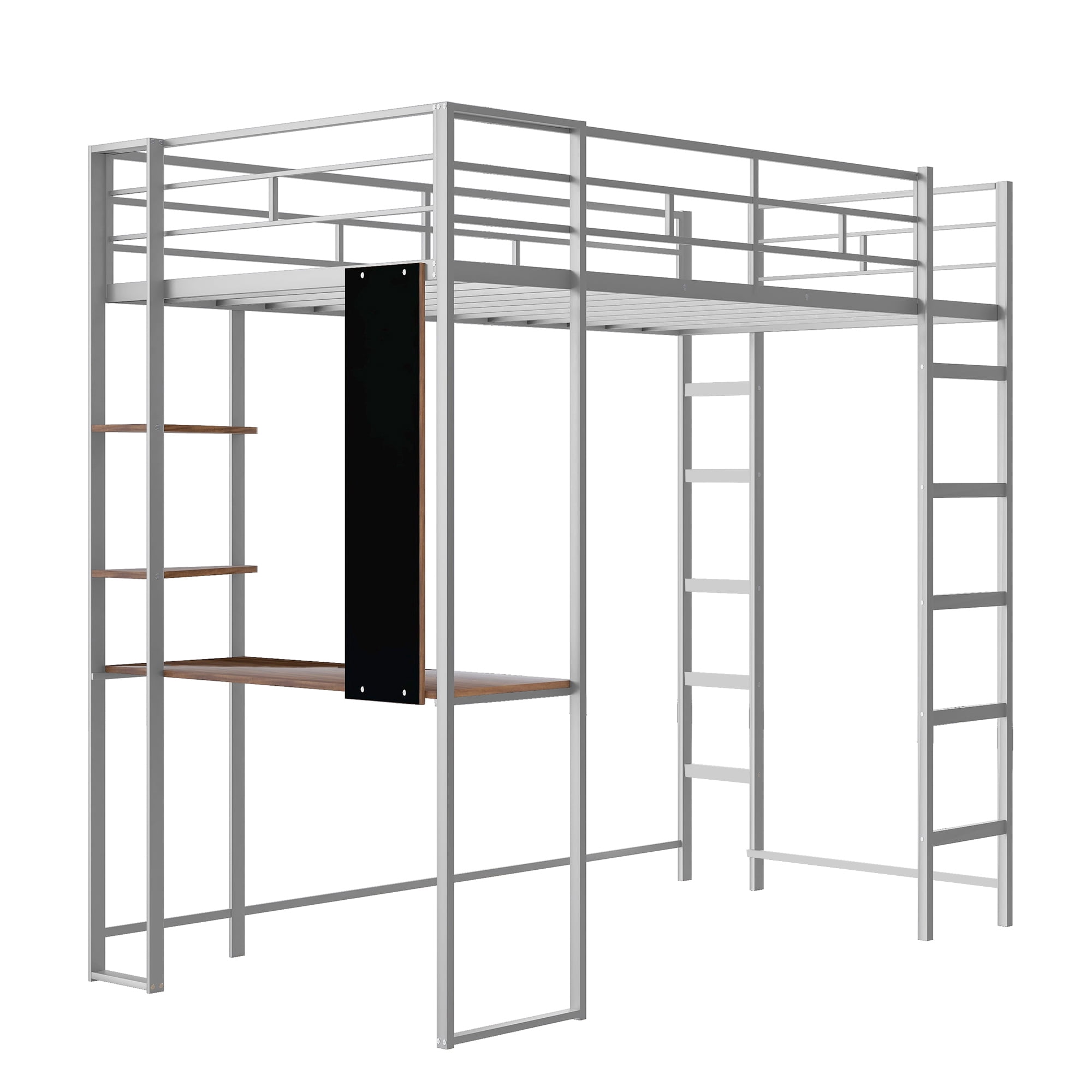Aukfa Metal Twin Loft Bed with Desk and Shelves for Kids, Teens, Dorm, Double Ladder - Silver