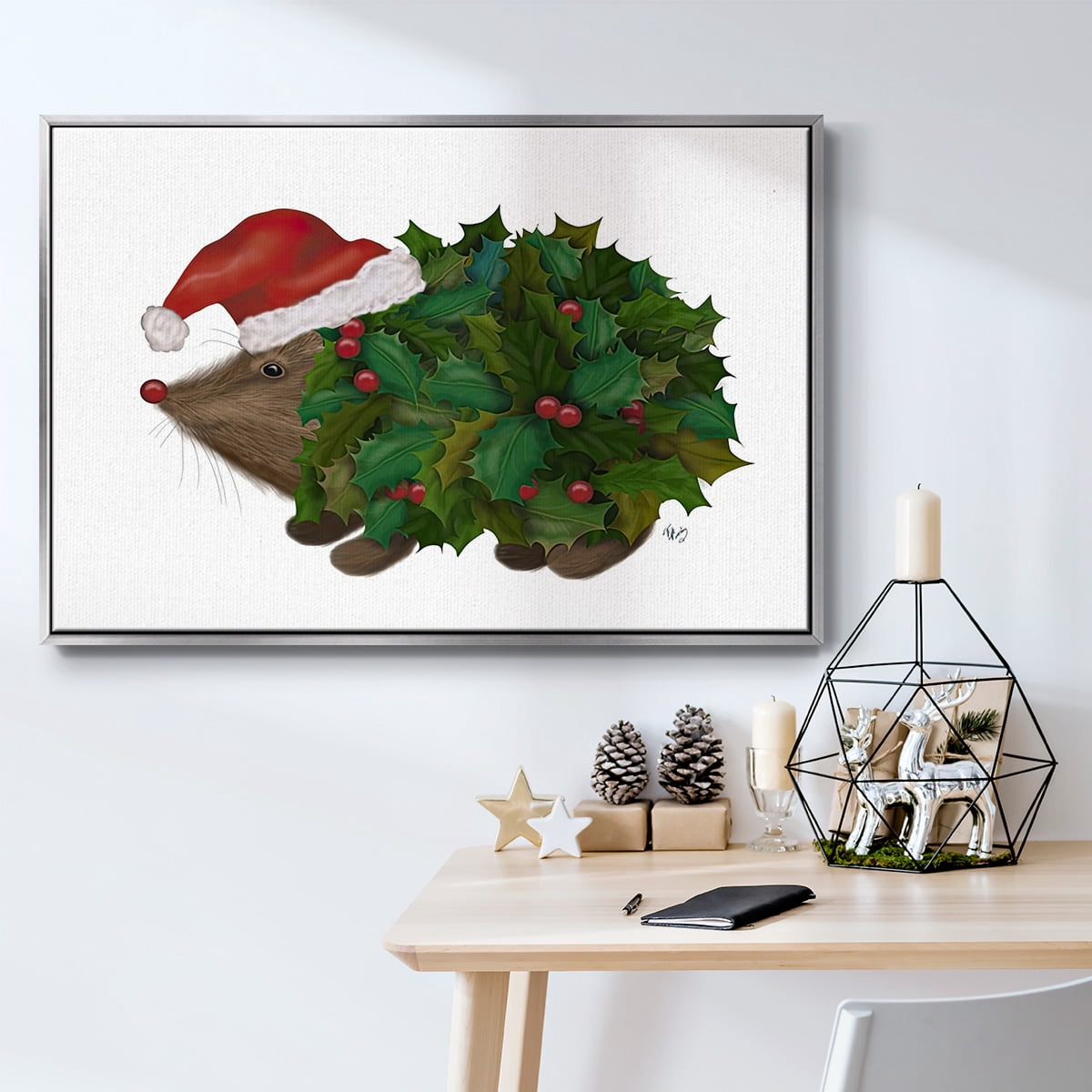 Christmas Holly Hedgehog - Framed Gallery Wrapped Holiday Canvas - 17 x 25 - Silver Frame