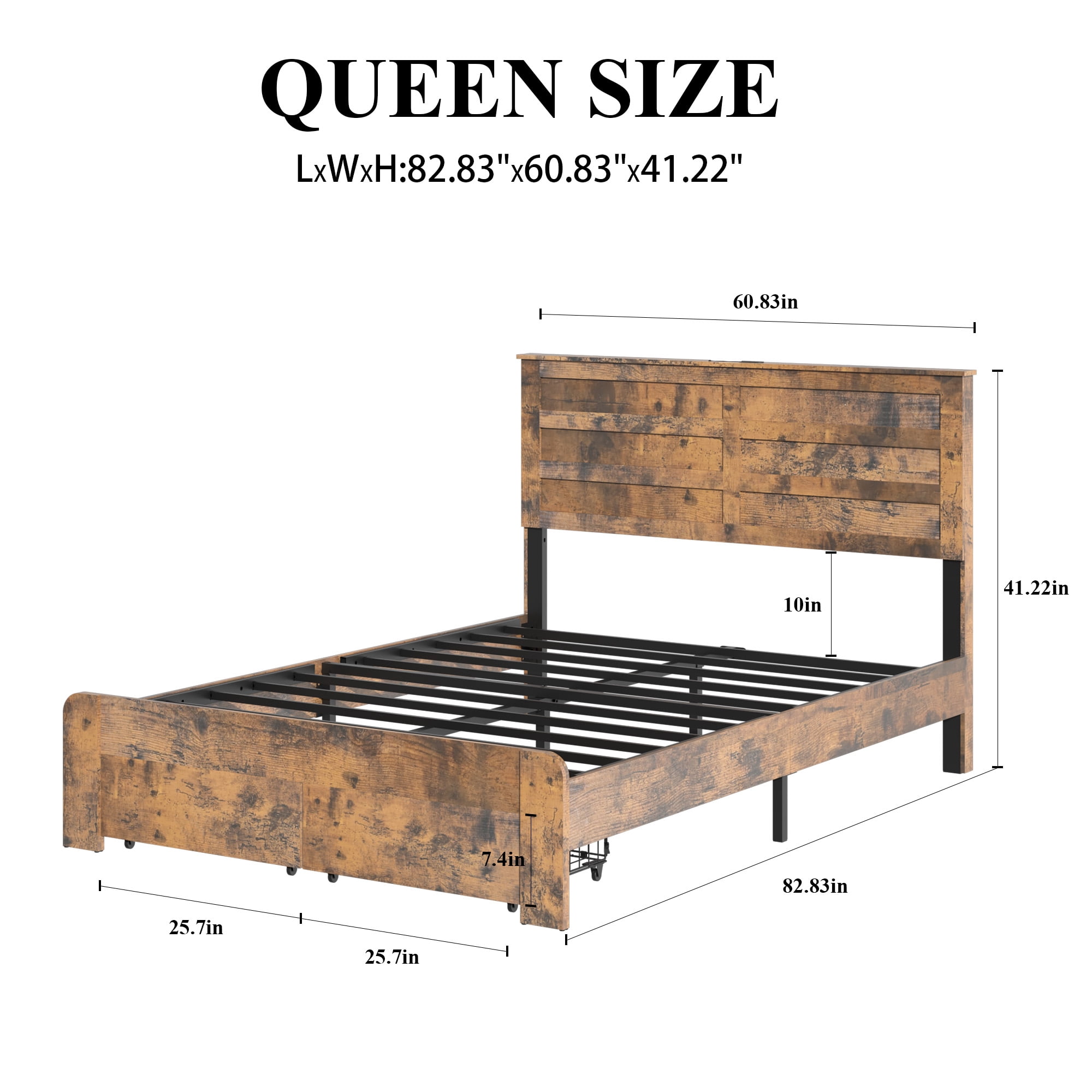 Mintazer Farmhouse&nbsp;Queen Bed Frame with 2 Storage Drawers, Wooden Platform Bed with LED Headboard & Charging Station, No Box Spring Needed, Brown