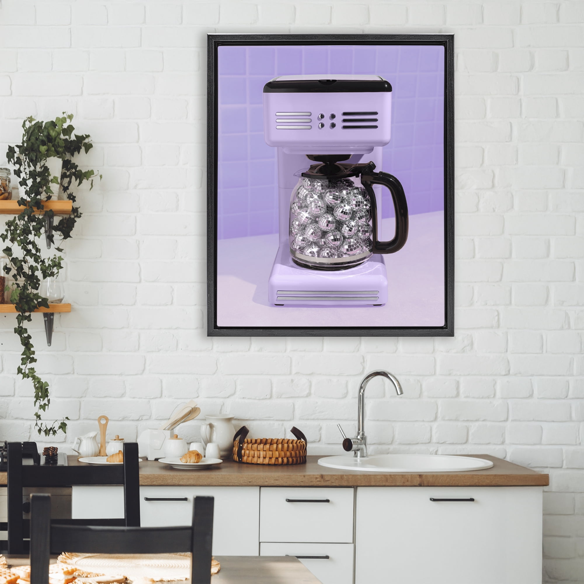 Stupell Industries Disco Coffee Maker over Purple Black Framed Floater Canvas Wall Art, design by LISH Creative