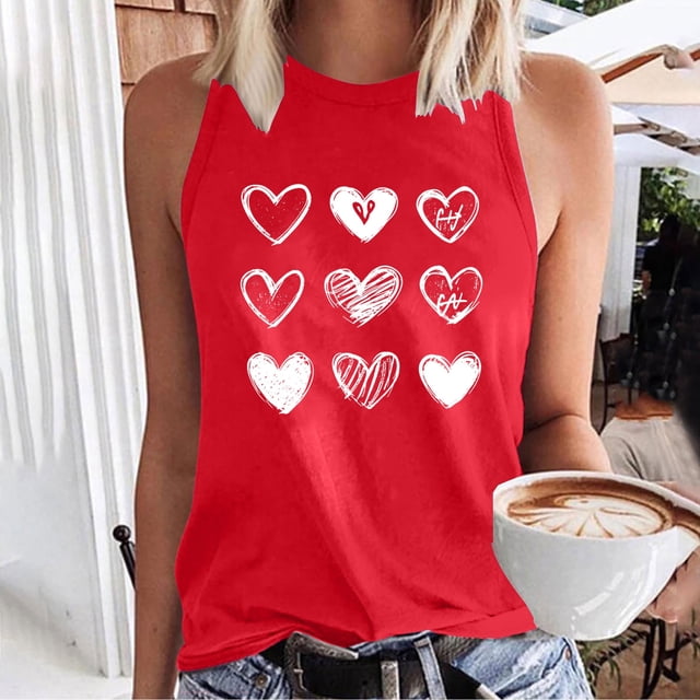 UPPADA Débardeurs Grande Taille pour Femmes, T-Shirts Graphiques Sans Manches Décontractés, T-Shirts Surdimensionnés, Hauts Sans Manches avec Cœur, T-Shirts Graphiques Rouges, TG