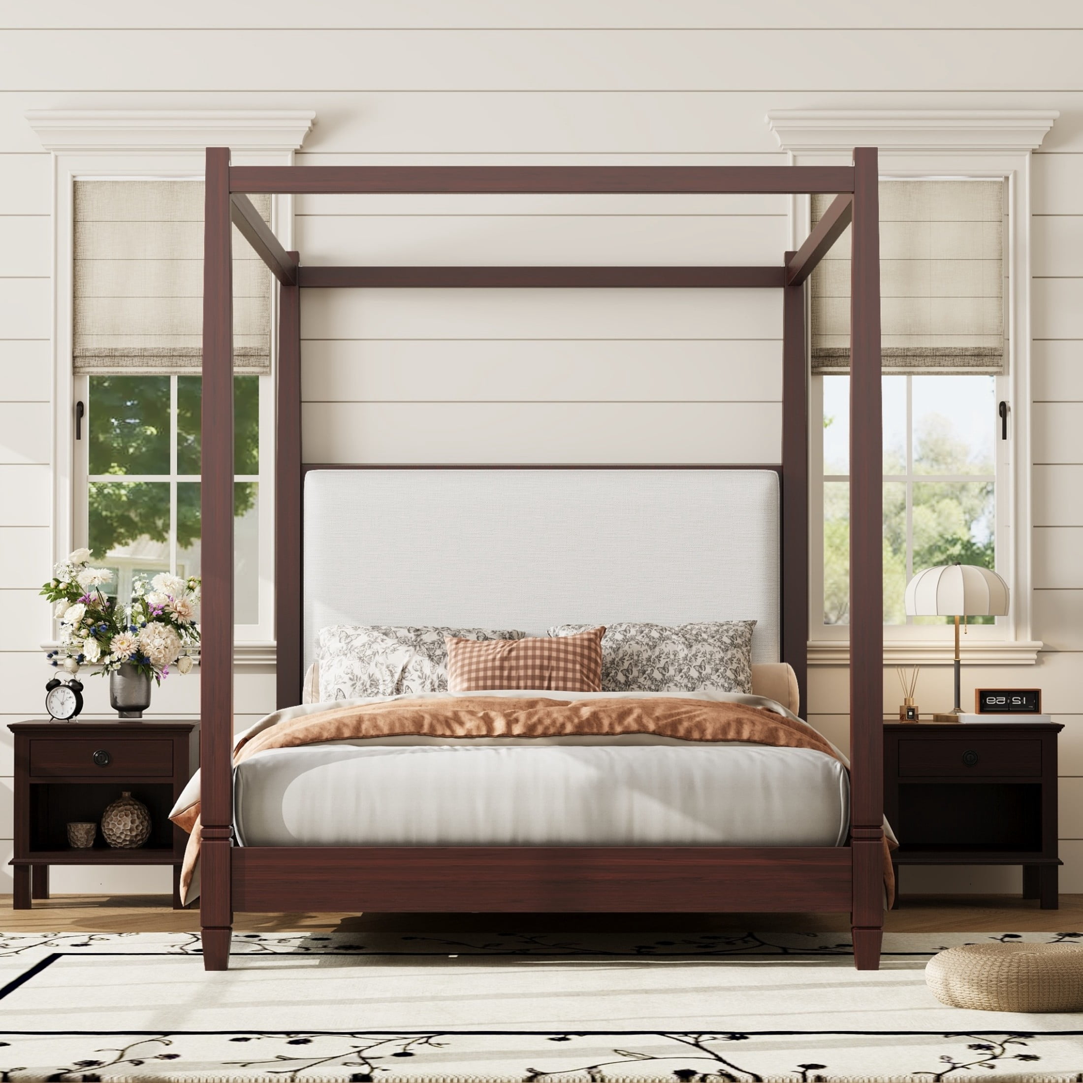 Noble House Yervon Queen Size Wooden Canopy Platform Bed with Upholstered Headboard and Tapered Legs, Espresso