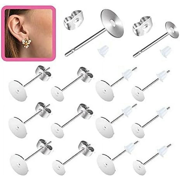 Earring Posts Stainless Steel Hypoallergenic, 420Pcs 4mm/6mm Steel Flat Pad Earring Studs, Butterfly and Clear Rubber Earring Backs for Jewelry Making DIY （Silver） (Silver)