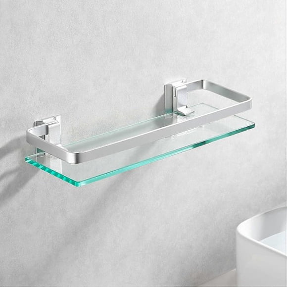 QD" Badrumshylla i aluminum med härdat glas, rektangulär, 1 hylla, extra tjock, silver sandblästrad, väggmonterad