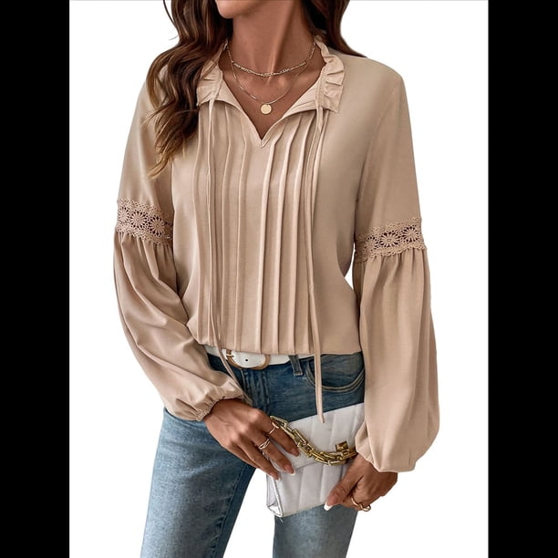 Blusa Informal Plisada de Larga con Cuello en V y Mangas Abullonadas para Mujer, Estilo Túnica Holgada de Negocios. Caqui XL