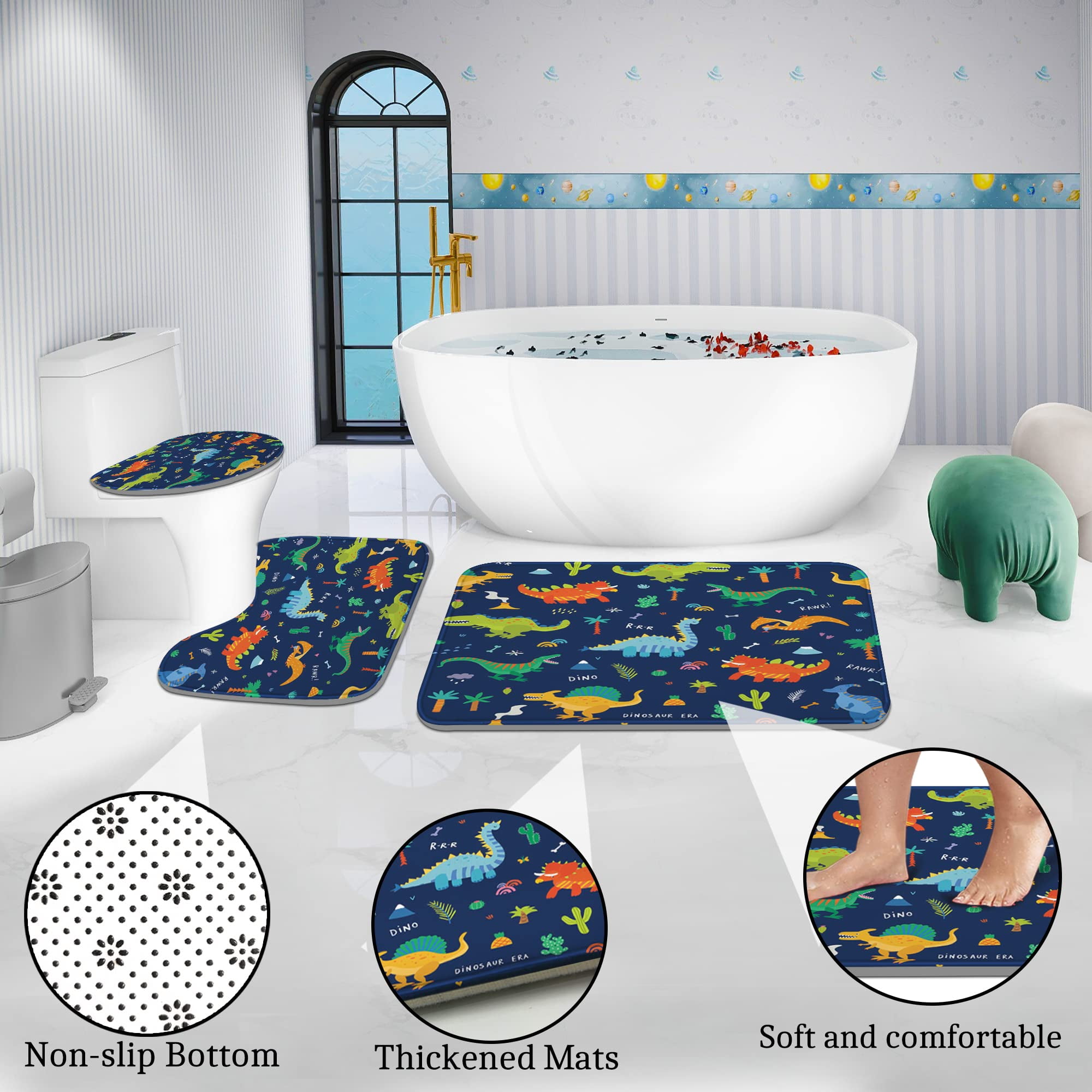Poedist 4Pcs Kid Shower Curtain Set, Bathroom Sets with Shower Curtain and Rugs, with Non-Slip Rugs,Toilet Lid Cover,Bath Mat and 12 Hooks,71 x 71 Inch, Dark Blue Dinosaur Kid's Set