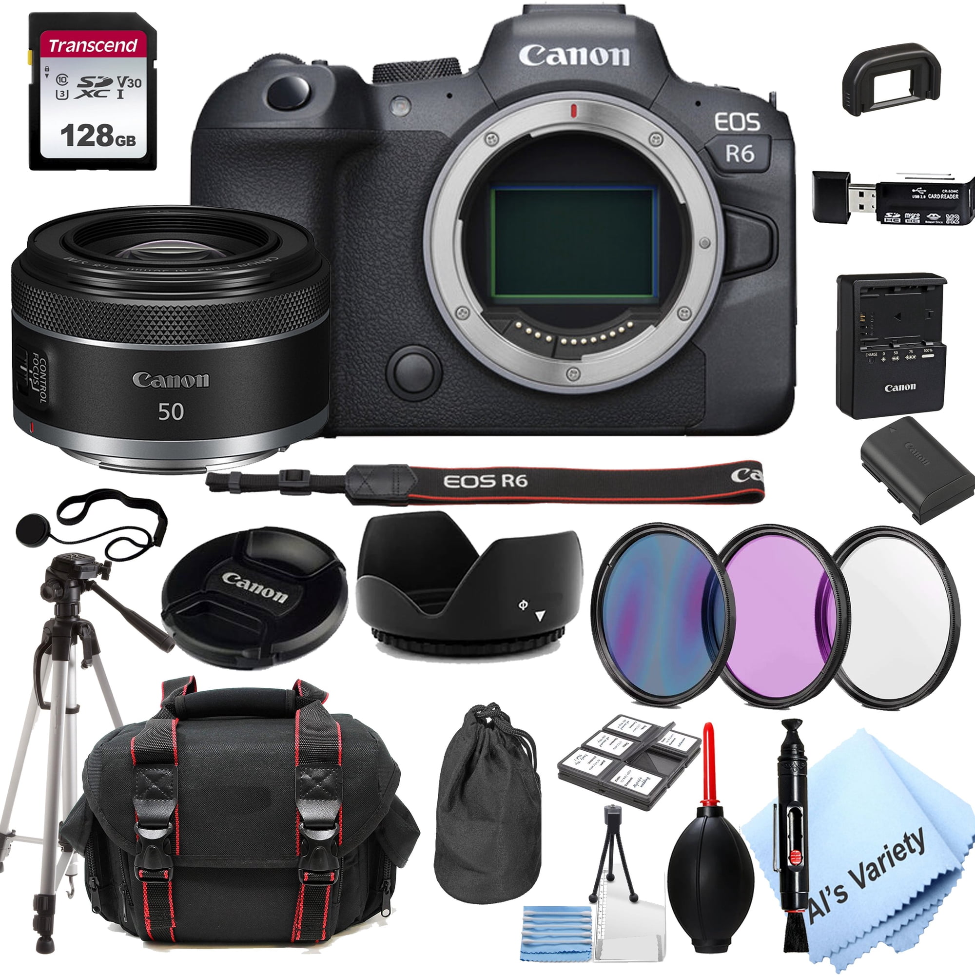 Canon EOS R6 Mirrorless Digital Camera with RF 50mm f/1.8 STM Lens Bundle + 128GB Memory + Case + Filters + Tripod 24pc Bundle (International Version)