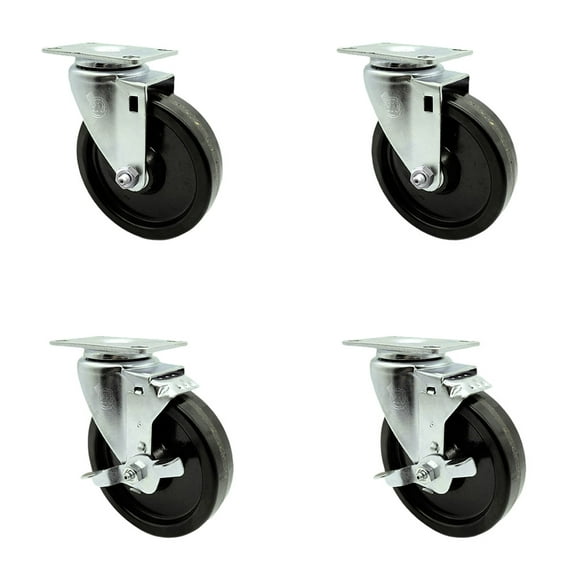 5 Inch Phenolic Wheel Swivel Top Plate Caster Set with 2 Brakes Service Caster