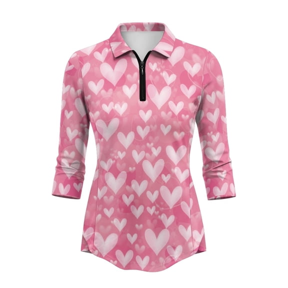 Jiueut Heart Pattern Design Tennis Shirt, Fashionable Polo Shirt Quarter Zip Anti-Wrinkle Womens 3/4 Sleeve Golf Shirts for Sports Workout Outing, Size Medium