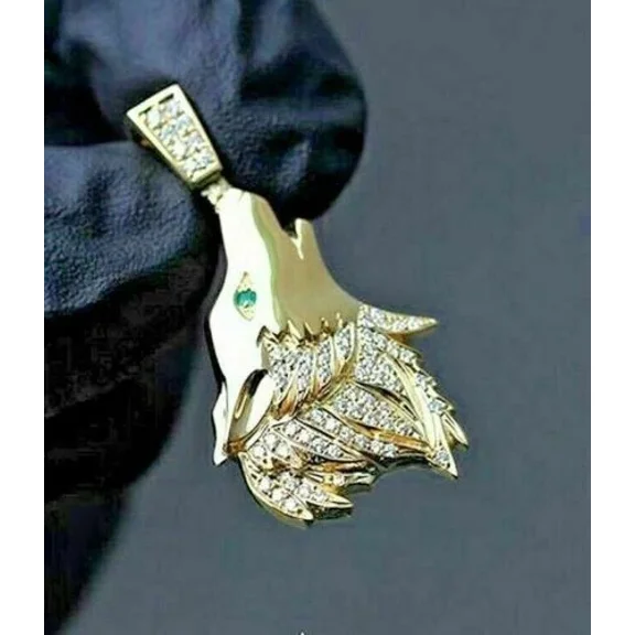 Unisex Wolf Pendant 14K Yellow Gold Plated Silver 2Ct Round Lab Created Diamond