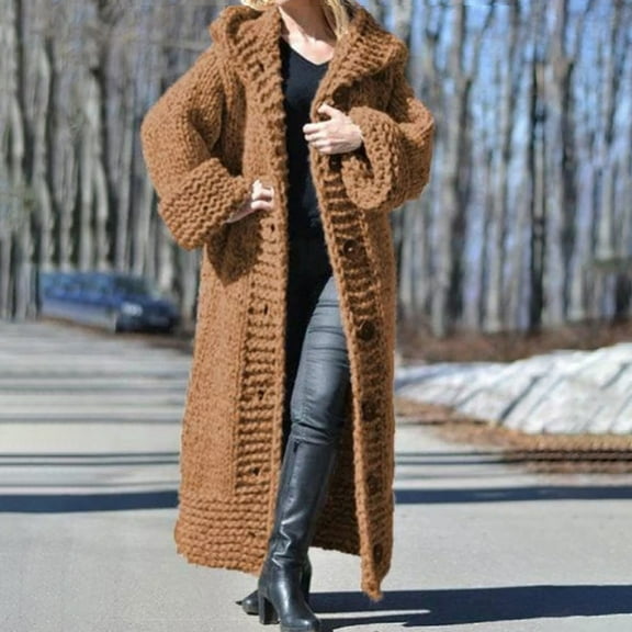 Baqcunre Sweaters For Women Women'S Solid Color Hooded Long Sleeved Cardigan Loose Knit Long Jacket Cardigan Sweaters For Women Fall Outfits For Women 2023 Khaki L
