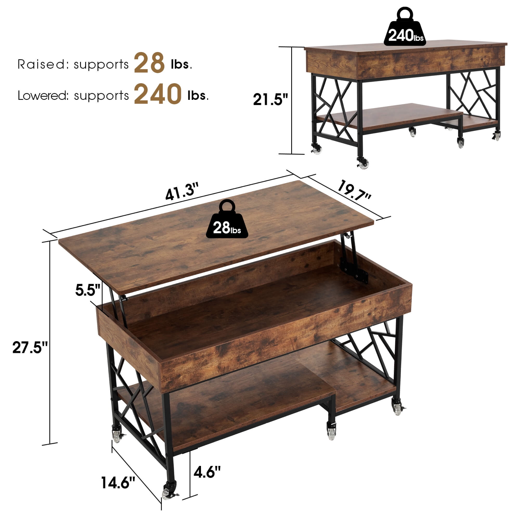 Ivinta Lift Top Coffee Table with Wheels, Wooden Lift Up Central Table with Storage for Living Room(Brown)