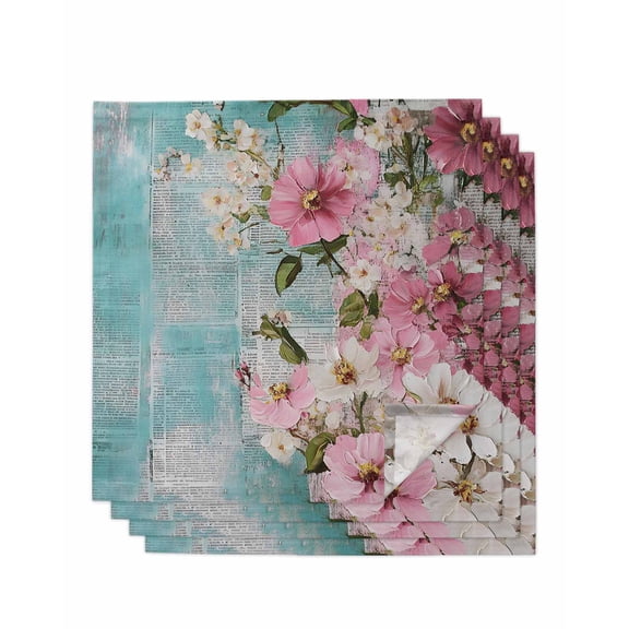 nqOlkjepod Pink Spring Floral Cloth Napkins Set of 4 Reusable Dinner Napkins, Vintage Blue White Botanical Retro Cocktail Napkin Washable Table Napkins for Wedding/Holiday Party/Baby Shower 20"x20"
