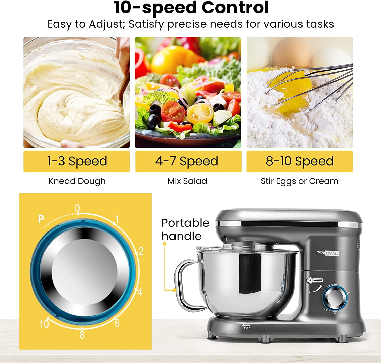 SPECSTAR Stand Mixer, 660W 10 Speed 6 Quart Tilt-Head Kitchen Electric Food Mixer with Beater, Dough Hook, Wire Whip and Egg Separator, Gray
