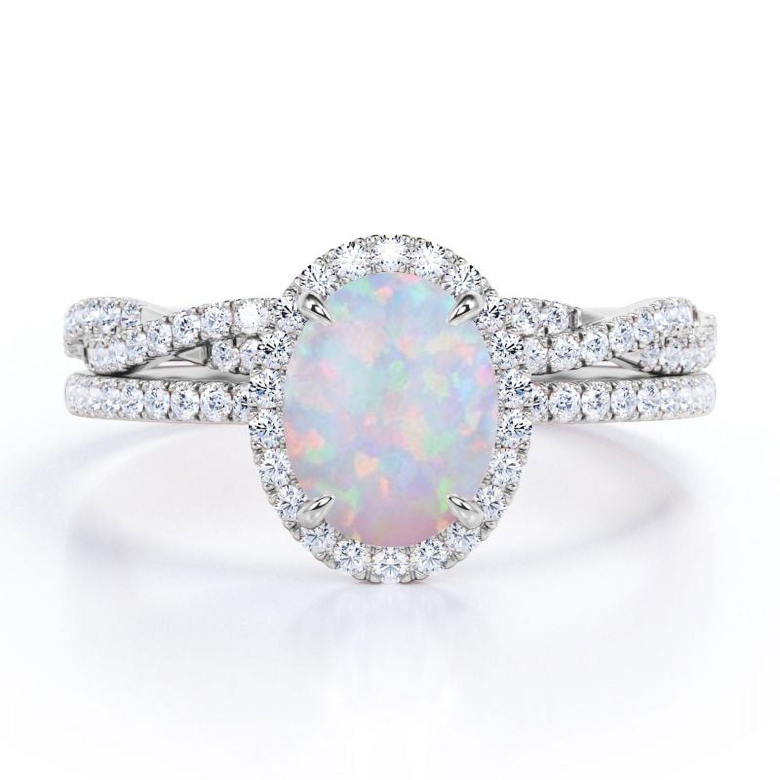 JeenMata Pave Halo Setting 1.75 Carat Oval Cut Real Opal and Moissanite Infinity Twisted Shank Bridal Set in 18K White Gold Plating over Silver