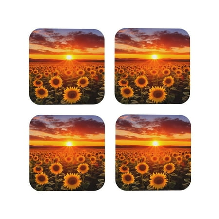 

Yiaed Sunset Golden Sunflower Field Print Leather Coasters for Drinks - Cup Coasters Coffee Table Kitchen Table Bar Home & Office Gifts Handmade Drink Coasters-Square