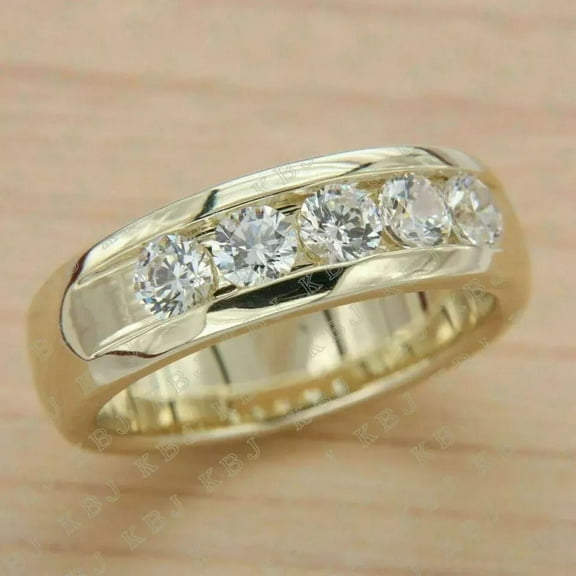 3.00Ct Round Cut Moissanite Men's Wedding Band Ring Real 14k Yellow Gold Plated