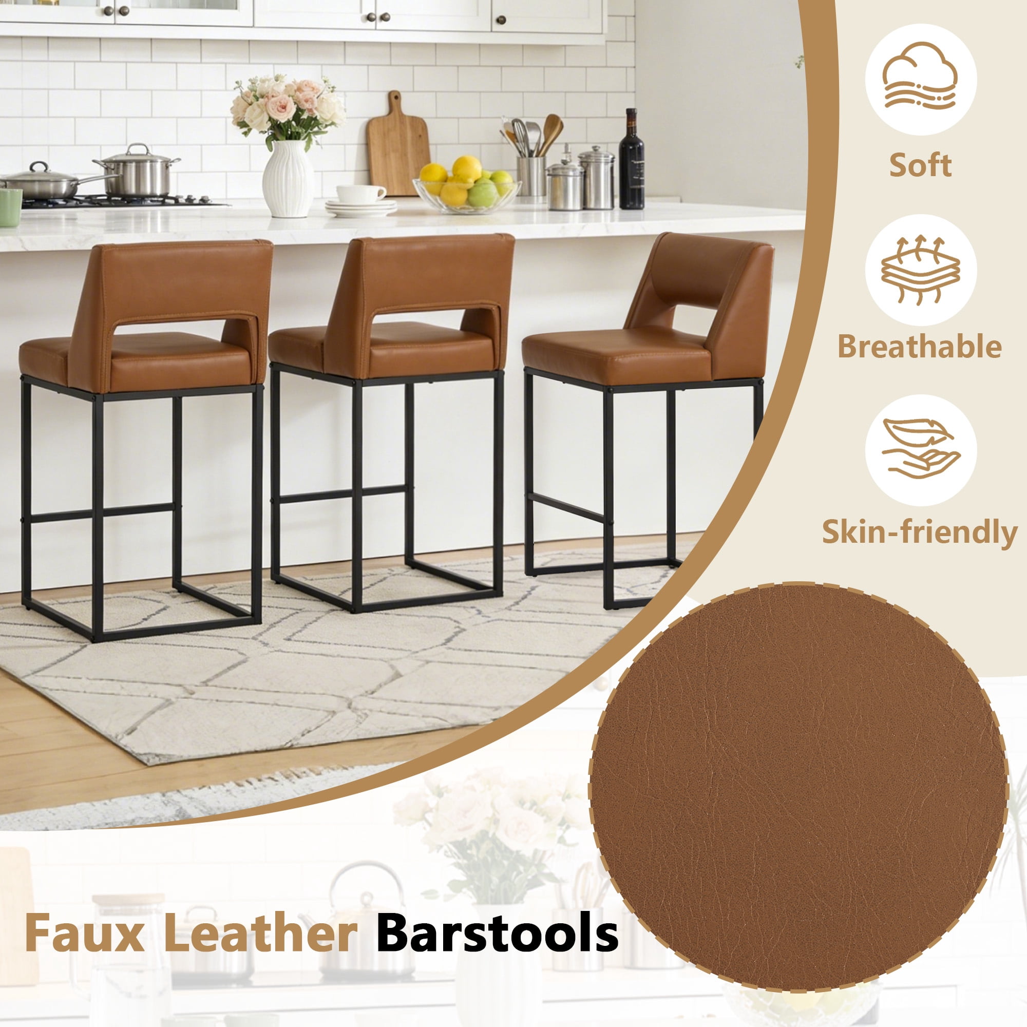 ClinQ Counter Height Bar Stools Set of 2, Hollow Back Kitchen Island Barstools, Upholstered Faux Leather Counter Stools with Metal Frame, Brown
